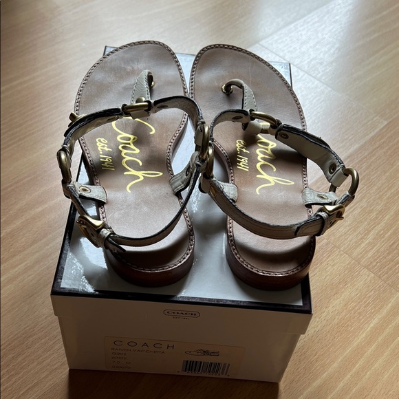 Coach Women's Raiven Hardware Turnlock White Strap Toe Thong Flats - Size 7 - Picture 1 of 5